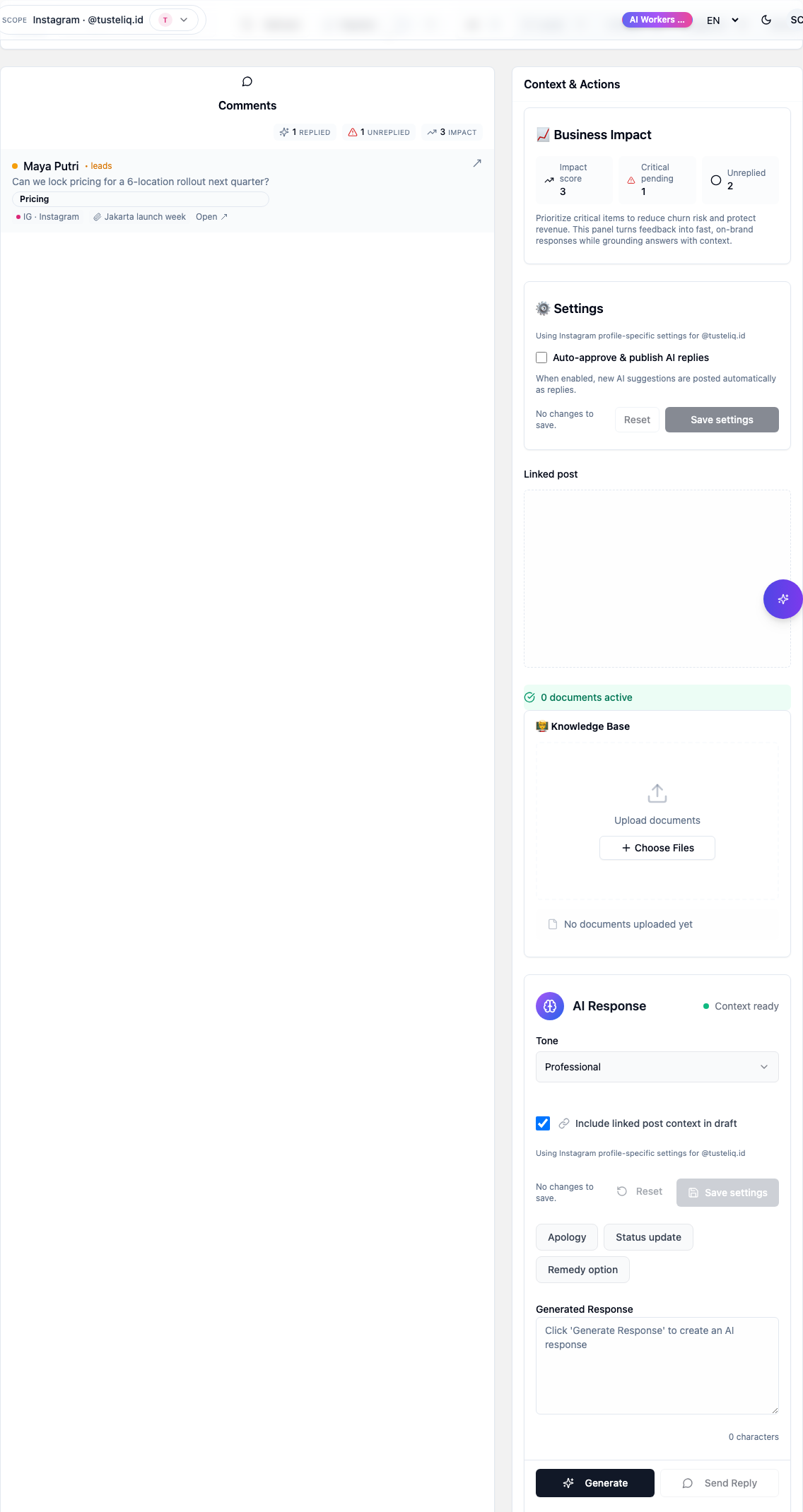 Inbox and comment triage interface prioritising high-intent conversations.
